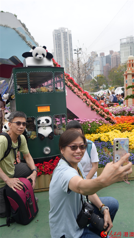 人們在香港元素的園林造景前留影。人民網(wǎng) 嚴小晶攝