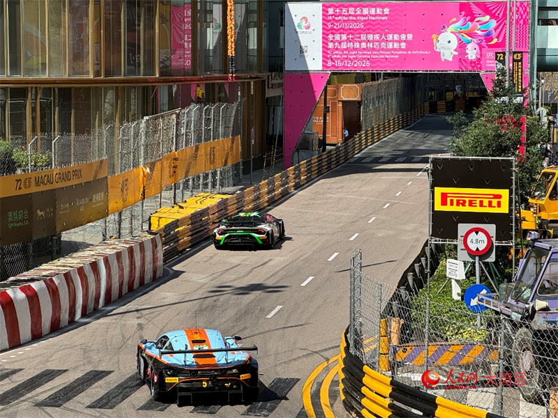 圖為澳門(mén)大賽車最具看點(diǎn)的“葡京彎”懸掛大幅全運(yùn)會(huì)海報(bào)引人注目。人民網(wǎng)記者 富子梅攝