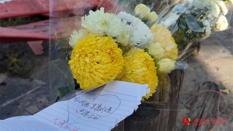 香港大埔宏福苑附近公園，市民放置寄托哀思的花束和卡片。人民網(wǎng) 嚴(yán)小晶攝